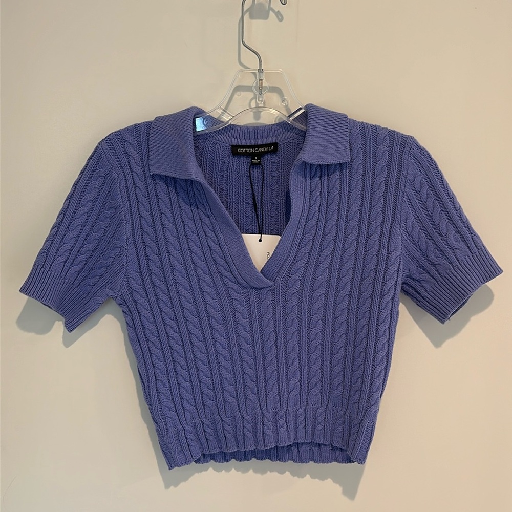 New with Tags!! Cotton Candy LA purple braided short sleeve sweater top.